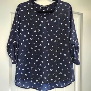 Sweet Rain Navy Blue White Bird Blouse Top Large
